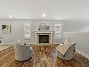 Interior space featuring a stone fireplace and dark wood-type flooring