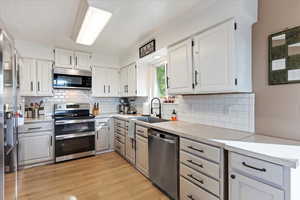 Kitchen with backsplash, sink, white cabinets, appliances with stainless steel finishes, and light hardwood / wood-style floors