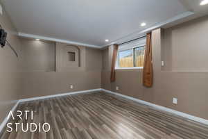 Basement featuring dark hardwood / wood-style flooring