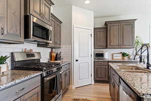 Kitchen with tasteful backsplash, sink, light hardwood / wood-style floors, stainless steel appliances, and light stone counters