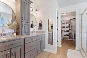 Bathroom with vanity, hardwood / wood-style flooring, and a shower with door