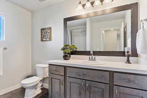 Bathroom featuring vanity, walk in shower, toilet, and tile patterned floors