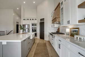 Kitchen with a spacious island, light hardwood / wood-style flooring, stainless steel appliances, sink, and white cabinetry