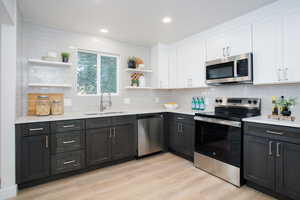 Kitchen featuring appliances with stainless steel finishes, tasteful backsplash, sink, and light wood-type flooring