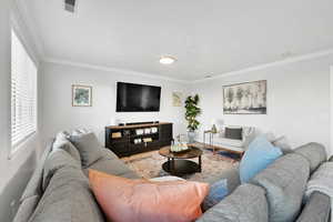 Living room featuring crown molding