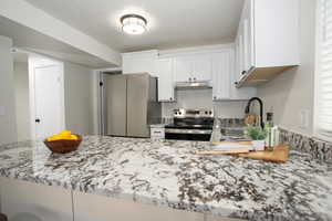 Kitchen with white cabinets, sink, kitchen peninsula, and stainless steel appliances