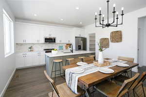 Dining room featuring sink, a chandelier, and dark hardwood / wood-style flooring