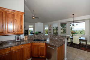 Kitchen featuring sink, dishwasher, a large fireplace, lofted ceiling, and dark stone counters