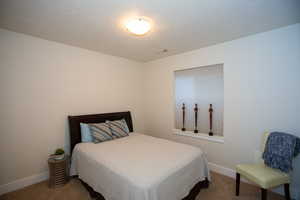 Carpeted bedroom with a textured ceiling