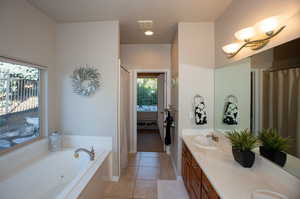 Master bathroom with vanity, tile patterned floors, and a bath