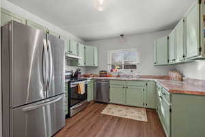 Kitchen featuring sink, stainless steel appliances, dark hardwood / wood-style floors, and green cabinets