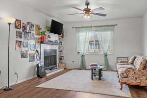 Living room featuring ceiling fan and wood-type flooring