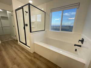 Bathroom featuring shower with separate bathtub and hardwood / wood-style flooring