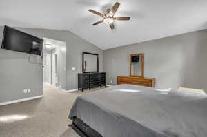 Carpeted bedroom with lofted ceiling and ceiling fan