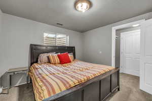 Basement Bedroom with a textured ceiling and light colored carpet