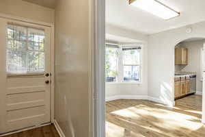 Doorway featuring light wood-type flooring, plenty of natural light, and sink