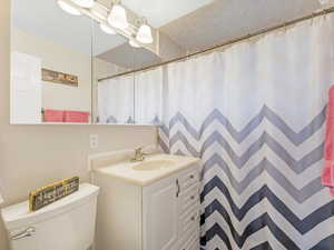 Bathroom with vanity, toilet, and a shower with curtain