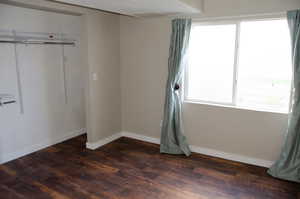 Bedroom featuring dark wood-type flooring, multiple windows, and a closet