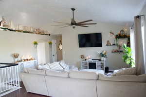 Family room featuring lofted ceiling, dark wood-type flooring, and ceiling fan