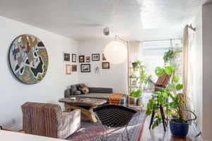 Living room with hardwood / wood-style floors and a textured ceiling