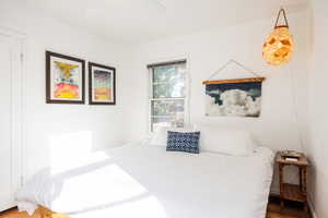 Bedroom featuring ceiling fan and wood-type flooring