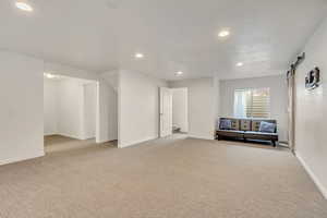 Basement featuring a barn door and light carpet