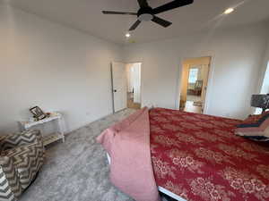 Bedroom with carpet flooring and ceiling fan