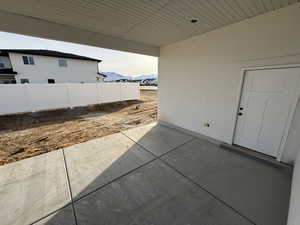 View of patio with a mountain view