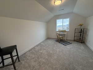 Additional living space featuring light carpet, a textured ceiling, and lofted ceiling