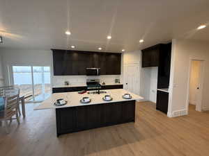 Kitchen featuring a kitchen island with sink, sink, light hardwood / wood-style floors, and dark brown cabinets