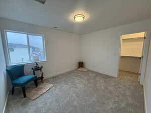 Unfurnished room with light carpet and a textured ceiling