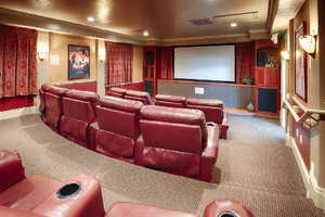 Cinema room with ornamental molding and carpet