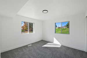 Spare room with plenty of natural light and dark colored carpet