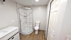 Bathroom featuring vanity, hardwood / wood-style flooring, toilet, and an enclosed shower