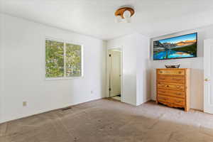 Unfurnished bedroom featuring light carpet