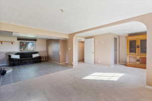 Unfurnished living room featuring carpet flooring and a textured ceiling