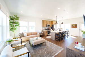 Living room with sink and dark hardwood / wood-style flooring