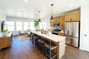 Kitchen featuring dark wood-type flooring, stainless steel appliances, a center island with sink, pendant lighting, and light stone counters