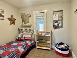 Bedroom with hardwood / wood-style floors