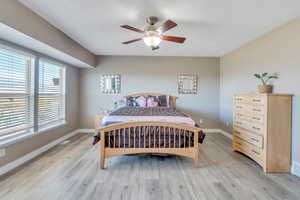 Bedroom with light hardwood / wood-style flooring and ceiling fan