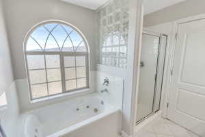 Bathroom featuring tile patterned floors and separate shower and tub