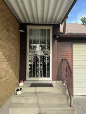 Storm/security backdoor near garage.