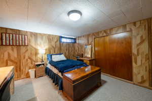 Spacious bedroom in basement with 2 closets and cabinetry for additional storage.