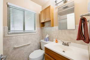 Bathroom featuring vanity, toilet, tile walls, and shower.