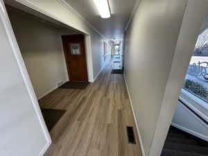 Hallway with baseboards, light wood-style floors, visible vents, and crown molding