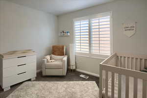 Bedroom with dark colored carpet and a nursery area