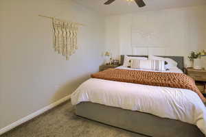 Bedroom featuring carpet flooring and ceiling fan