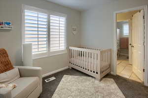 Bedroom featuring multiple windows and carpet flooring