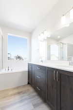 Bathroom with vanity, wood-type flooring, and plus walk in shower