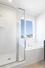 Bathroom featuring plus walk in shower and hardwood / wood-style flooring